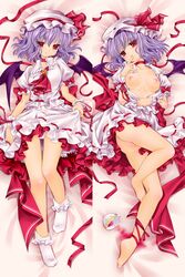 bat_wings breasts cup dakimakura hat king_(dakemakura) lavender_hair legs lying nipples no_bra no_panties pussy red_eyes remilia_scarlet short_hair socks teacup touhou uncensored wings