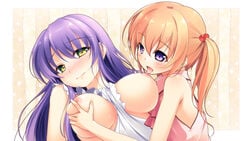 blonde_hair breast_grab breast_licking breasts copyright_request female green_eyes hair_bobbles hair_ornament highres kazakura large_breasts licking long_hair multiple_girls naked_apron purple_eyes purple_hair tied_hair tongue twintails wavy_mouth yellow_eyes yuri