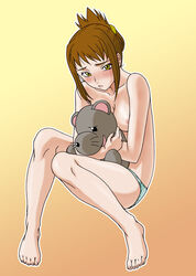 1girls ahmey barefoot blush brown_hair druaga_no_tou misnon_the_great panties small_breasts stuffed_animal stuffed_toy teddy_bear the_aegis_of_uruk topless underwear yellow_eyes