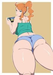 1girls 2020 2020s alternate_breast_size aqua_eyes ass bedroom_eyes big_ass big_breasts denim_shorts eye_contact female female_only gamer_girl hair_ornament heart huge_ass huge_thighs human jean_shorts kneepits large_breasts long_hair looking_at_viewer looking_back minishorts moderate_tomboy nintendo nintendo_switch orange_hair oryuto pale-skinned_female pale_skin pokemon pokemon_ss ponytail prone shorts solo sonia_(pokemon) tank_top thick_ass thick_thighs tight_clothing tomboy voluptuous wide_hips