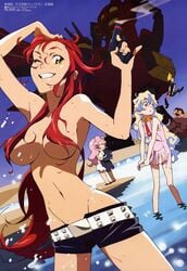 breasts darry_adai female gainax hair_covering_breasts hip_dips kittan_bachika multicolored_hair navel nia_teppelin partially_submerged red_hair redhead short_skirt shorts shoulders simon_(tengen_toppa_gurren_lagann) skirt tengen_toppa_gurren_lagann topless topless_female water yoko_littner