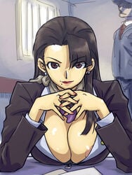 1girls ace_attorney areola_slip areolae ayasato_chihiro breasts brown_eyes brown_hair cleavage curvy earrings faceless_male female female_focus gyakuten_saiban hands_clasped huge_breasts interlocked_fingers jewelry magatama mia_fey michael_f91 mole naruhodou_ryuuichi steepled_fingers wardrobe_malfunction