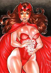 1girls 2019 auburn_hair avengers big_breasts blue_eyes breasts brown_hair busty cape casting_spell cleavage curvaceous curvy dated ed_benes_studio eyeshadow female female_only headwear homo_superior human jeferson_lima large_breasts leotard lipstick magic makeup marvel marvel_comics mascara mutant pinup red_cape red_headwear red_leotard red_tint scarlet_witch signature smile smiling solo sorceress standing superheroine thick_thighs thighs voluptuous wanda_maximoff