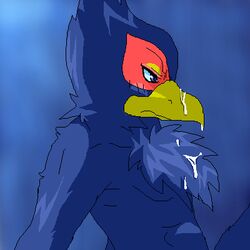 1:1 anthro blue_eyes closed_mouth color cum falco_lombardi male male_only nintendo nude open_eyes pheasant side_view solo star_fox tagme