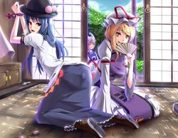 blonde_hair blue_hair bondage bound_wrists clothing dildo egg_vibrator food fox_ear fruit gap gayprince hat highres long_hair masochism masochist peach_(fruit) ran_yakumo red_eyes shouji sliding_doors tenshi_hinanawi touhou vibrator vibrator_bulge yellow_eyes yukari_yakumo