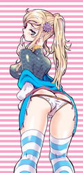 ass_cleavage back blonde_hair blue_eyes blue_mage breasts butt_crack earrings female female_only final_fantasy final_fantasy_xi finger_to_mouth flower from_behind hair_flower hair_ornament human hume jewelry long_hair looking_back lowleg lowleg_panties nareema oxoxox panties perky_breasts ponytail solo striped striped_legwear striped_thighhighs thighhighs tied_hair underwear white_panties