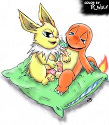 charmander color eeveelution fire furry interspecies jolteon male male_only multiple_males nintendo no_humans pokémon_(species) pokemon pokemon_(species) pokemon_rgby tail tail_fire yaoi