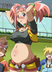 1girls 2boys big_breasts breasts clothing dinosaur_king erect_nipples erect_nipples_under_clothes faceless_male female kodai_ryuuta makino_tomoyasu male max_taylor pregnant rex_owen sega shorts smiling smiling_at_viewer surprised tatsuno_malm tongue tongue_out unbuttoned_shorts zoe_drake