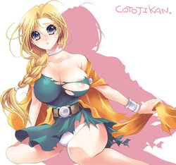 bianca_whitaker blonde_hair blue_eyes braid breasts clothing dragon_quest dragon_quest_v dress earrings hair_over_shoulder jewelry kotoji large_breasts long_hair nipple_slip nipples panties pointy_chin single_braid sitting tear torn_clothes underwear