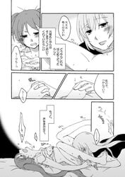 2girls blush comic cunnilingus female hatsune_miku holding_hands megurine_luka monochrome multiple_girls oral partially_translated saliva sweat text tied_hair translation_request twintails unagi_no_kabayaki vocaloid yuri