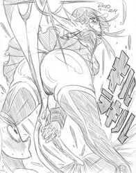 2girls ass big_ass bikini_armor bikini_top blush closed_mouth embarrassed greyscale holding_sword holding_weapon kill_la_kill large_ass legwear lingerie looking_back mankanshoku_mataro matoi_ryuuko monochrome open_eyes panties pantyshot rough_sketch rx120 scissor_blade scissor_blade_(kill_la_kill) senketsu short_hair swimsuit sword thick_thighs thighs underwear