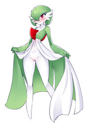 1girls bangs belly blush bottomless breasts closed_mouth collarbone embarrassed feet female female_only flat_chest full_body gardevoir green_hair green_skin hair_over_one_eye highres kerasu lifted_by_self long_legs looking_away looking_to_the_side navel nintendo no_breasts no_humans nose_blush pokémon_(species) pokemon pokemon_(species) pokemon_rse pose pussy red_eyes ricegnat shiny_hair short_hair simple_background small_breasts solo standing thick_thighs thigh_gap two-tone_skin uncensored wavy_mouth white_background white_skin wide_hips