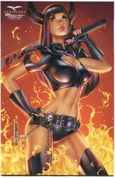 1girls 2017 bangs belt big_breasts black_belt black_gloves black_hair black_panties black_shirt black_thong blue_eyes breasts busty chains cleavage cleavage_cutout collaboration comic_cover cosplay crossover dated female female_only fingerless_gloves fire gloves grimm_fairy_tales_(comic) hand_on_hips headwear hell highlights holding_sword holding_weapon keres_(zenescope) large_breasts long_hair looking_down looking_down_at_viewer magik_(cosplay) magik_(illyana_rasputin) marvel marvel_comics mascara_tears mike_debalfo official_art panties pauldron pinup red_highlights shirt signature skull solo sword text thighhighs thong ula_mos weapon x-men zenescope zenescope_entertainment