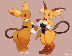 2girls 3_toes alolan_raichu anthro anthrofied ass back bare_shoulders barefoot bebebebebe big_ass big_breasts big_butt big_ears big_feet big_tail bottom_heavy breasts brown_background brown_eyes brown_fur bunnysuit choker cleavage clothed clothes eye_contact feet female female_only fur furry furry_only gloves hi_res huge_ass huge_breasts large_ass large_breasts long_tail looking_at_viewer looking_back nintendo orange_fur paws pokemon pokemon_(species) pose purple_eyes raichu revealing_clothes ribbon rodent shoes shortstack sideboob slightly_chubby source_request standing tail text thick_thighs watermark wide_hips