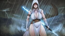 1girls angry areolae athletic_female bare_legs big_breasts black_hair blue_eyes blue_lightsaber breasts brown_hair busty cleavage clothed clothing death_star devil_hs double_bladed_lightsaber dress female female_focus female_only hair highres holding_sword holding_weapon hood hood_up hoodie hourglass_figure huge_breasts kef_bir large_breasts legs lightsaber looking_at_viewer melee_weapon muscular_female naughty_face night nipple_bulge nipples outdoor rain rey sad see-through see-through_clothing solo standing star_wars sword the_rise_of_skywalker thick_thighs wallpaper water wave weapon wet wet_hair white_clothing wide_hips