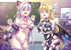 2girls arkfield arms_up blonde_hair blue_eyes blush body_armor bodysuit broken_armor calendar_(object) cat_ears censored chair chalkboard classroom clothing_swap covered_nipples crossover devil_wings glasses green_eyes hair_ornament hair_ribbon head_wings headgear heavy_blush height_difference high_school_dxd high_school_dxd_hero large_breasts long_hair rossweisse school_desk sensei shocked_expression shocked_eyes silver_hair smooth_skin teacher tearju_lunatique to_love-ru to_love-ru_darkness torn_bodysuit transformation_(object) very_long_hair whip_cream whipped_cream wide_hips