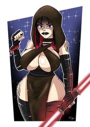 action_pose agitowolf_(artist) arm_sleeves armband bare_thighs big_breasts black_hair bracelet breasts busty cleavage cleavage_cutout curvaceous curvy erect_nipples eyebrow_piercing female female_focus female_only hood hoodie hourglass_figure huge_breasts large_breasts leg_warmers legband legwear licking_lips lightsaber lip_piercing lipstick loincloth long_hair nipple_bulge nose_piercing pale-skinned_female pale_skin piercing pinup pose posing rain raining red_eyes red_lightsaber rey sideboob sith sith_rey solo standing star_wars tagme the_rise_of_skywalker thick_legs thick_thighs tied_hair tongue tongue_out voluptuous water wet wet_clothes wide_hips