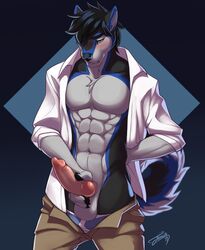 2019 5_fingers abs animal_genitalia animal_penis anthro athletic balls biceps black_body black_hair black_nose black_skin blue_background blue_body blue_eyes blue_skin blush canid canine canine_penis canis domestic_dog erection eyebrows feralise fingerpads fingers grey_body grey_skin hair husky knot looking_down male male_only mammal masturbation multicolored_body multicolored_skin muscular muscular_male nordic_sled_dog pecs penile penile_masturbation penis pink_penis simple_background solo spitz standing