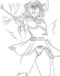 1girls alternate_costume angry belt black_and_white blue_eyes breasts cosplay female female_only greyscale holding_object impossible_clothes kill_la_kill little_witch_academia matoi_ryuuko open_eyes panties pantyshot rx120 short_hair small_breasts solo underwear witch witch_hat