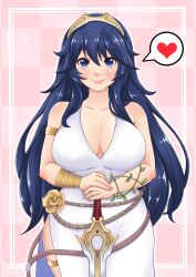 1girls alternate_breast_size alternate_costume bangs bare_shoulders blue_eyes blue_hair breasts busty cleavage curvy fire_emblem fire_emblem_awakening fire_emblem_heroes heart highres holding_weapon jewelry large_breasts long_hair looking_at_viewer lucina_(fire_emblem) lucina_(valentine)_(fire_emblem) misune_art nintendo official_alternate_costume revealing_clothes smile speech_bubble spoken_heart thigh_gap tiara upper_body vambraces white_dress