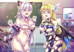 2girls areolae arkfield arms_up blonde_hair blue_eyes blush body_armor bodysuit broken_armor calendar_(object) cat_ears chair chalkboard classroom clothing_swap crossover devil_wings erect_nipples glasses green_eyes hair_ornament hair_ribbon head_wings headgear heavy_blush height_difference high_school_dxd high_school_dxd_hero large_areolae large_breasts large_nipples long_hair multiple_girls pink_nipples rossweisse school_desk sensei shocked_expression shocked_eyes silver_hair smooth_skin stockings teacher tearju_lunatique to_love-ru to_love-ru_darkness torn_bodysuit transformation_(object) uncensored very_long_hair whip_cream whipped_cream wide_hips