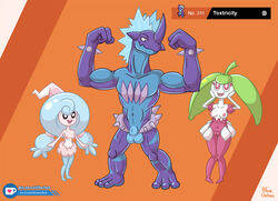 1boy 2girls 3_fingers 3_toes abs animal_genitalia anthro anthrofied armpits belly big_eyes biped black_sclera blue_body blue_eyes blue_hair blue_skin blueumbra breasts bulge cameltoe feet female flexing fully_sheathed green_hair group hair hattrem heart heart-shaped_pupils horn humanoid ko-fi larger_male lizard male muscular navel nintendo nipples no_nipples orange_background pink_eyes plant plant_girl pokémon_(species) pokemon pokemon_ss pose purple_body purple_skin pussy red_eyes reptile scalie sheath signature simple_background size_difference small_breasts smaller_female smile spikes standing steenee testicles text thin_waist toxtricity twintails url video_games watermark white_body white_eyes white_skin