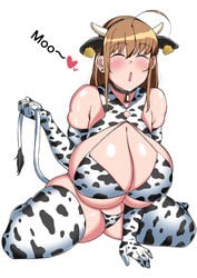 :o ahoge animal_ears animal_print bare_shoulders bell bell_collar breasts brown_hair cleavage closed_eyes collar cow_ears cow_girl cow_print cow_tail cowbell ear_tag elbow_gloves english_text female gloves high_resolution horns huge_ahoge huge_breasts komusou_(jinrikisha) long_hair looking_at_viewer mooing ooba_minori original raised_eyebrows simple_background skindentation tail text thick_thighs thighhighs thighsocks white_background