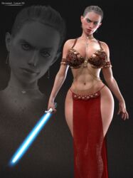 1girls 3d athletic bare_midriff bikini blue_lightsaber brown_eyes brown_hair busty cleavage earrings female female_only hourglass_figure lemon3d lightsaber lipstick navel red_lipstick rey slave slave_bikini slave_clothes slave_outfit solo standing star_wars tagme wide_hips