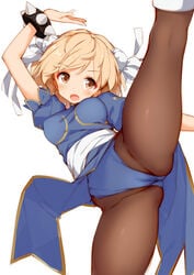 1girls alternate_costume blonde_hair bracelet capcom chibi chun-li_(cosplay) cosplay djeeta_(granblue_fantasy) fighting_stance granblue_fantasy high_kick impossible_clothes kick kicking leopard open_eyes open_smile panties short_hair smaller_female solo spikes street_fighter underwear