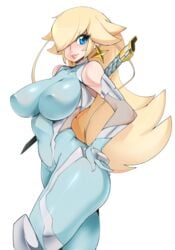 1girls alternate_costume blonde_hair blue_eyes bodysuit breasts cosplay erect_nipples female female_focus female_only horny igawa_asagi_(cosplay) impossible_clothes large_breasts long_hair looking_at_viewer mario_(series) naked nintendo nipple_piercing nude nude_female open_eyes princess_rosalina slugbox smile soft_color solo solo_female super_mario_galaxy sword taimanin_(series) taimanin_asagi thick_thighs thighhighs thighs white_background