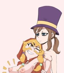 2girls a_hat_in_time aged_up arm_on_breast bard-bot blonde_hair blue_eyes breast_envy brown_eyes brown_hair dead_eyes female_only hat_adult hat_kid hood jpeg looking_at_another multiple_girls mustache mustache_adult mustache_girl nipples older top_hat white_background