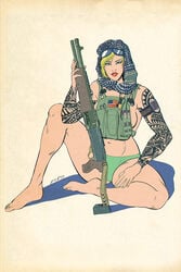 1girls athletic bare_legs barefoot blonde_hair breasts busty female female_focus female_only gun hourglass_figure large_breasts lipstick navel pablo_romero panties pinup pose posing rainbow_six rainbow_six_siege retro_artstyle retro_artstyle_(western) shotgun sideboob sitting soldier solo tattoo tied_hair tom_clancy valkyrie_(rainbow_six) wide_hips