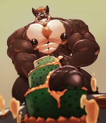 2019 anthro big_muscles big_penis black_fur black_nipples black_nose body_hair brown_eyes brown_hair cake canid canine canis chest_hair cursedmarked erection food food_penetration food_play fur furry grin huge_cock huge_muscles improvised_sex_toy low-angle_view male male_only mammal masturbation multicolored_body multicolored_fur muscular muscular_male nex_anima_canis nipples nude penis smile solo tattoo two_tone_body two_tone_fur vein veiny_penis white_fur wolf