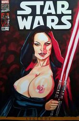 1girls almostheroesart areolae big_breasts breasts breasts_out cover female female_only hood large_breasts lightsaber magazine magazine_cover nipples pinup red_lightsaber rey sith sith_rey solo star_wars the_rise_of_skywalker