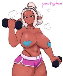 1girls big_breasts blue_heart_pasties blue_pasties breasts clothing curvy dark-skinned_female dark_elf dark_skin deee dumbbell elf elf-san_wa_yaserarenai female female_only hair humanoid kuroeda large_breasts long_hair pasties pointy_ears solo thick_thighs white_hair wide_hips