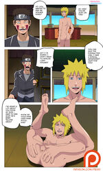 2boys ass_grab barefoot black_eyes blonde_hair blue_eyes blush brown_hair bubble_butt censored clothed_male_nude_male clothing cmnm comic dialogue english_text erection_under_clothes facepaint feet forehead_protector fully_clothed gay hand_on_ass inuzuka_kiba inviting_to_sex legs_held_open male male_only mosaic_censoring naked namikaze_minato naruto naruto_(series) naruto_shippuden nude older_male older_man_and_younger_boy perri pixelated pointless_censoring pose posing presenting presenting_anus slit_pupils soles spiky_hair spread_anus spread_legs spreading standing story text toes yaoi yellow_hair younger_male