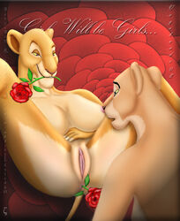 2girls anal_insertion anal_object_insertion anal_penetration anthro anthro_on_anthro breasts female flower flower_in_ass flower_in_mouth flower_insertion flowers furry lion nude nude_female object_in_ass object_insertion plant pussy red_background rose sideboob tagme yuri