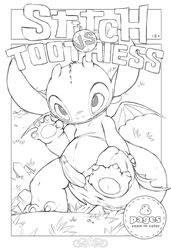 2015 absurd_res alien balls comic cover cover_page crossover disney dragon dreamworks erection experiment_(lilo_and_stitch) hi_res how_to_train_your_dragon hybrid lilo_and_stitch male male_only membrane_(anatomy) membranous_wings monochrome night_fury penis scalie solo stitch toothless tricksta western_dragon wings