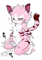 2018 anthro blush bodily_fluids breasts cum cumshot diru domestic_cat drooling ejaculation felid feline felis fur futanari genital_fluids heart implied_fingering intersex japanese_text kemono kneeling mammal masturbation navel nipples nude nyaou orgasm penis pink_body pink_fur purple_eyes saliva simple_background solo text tongue white_background