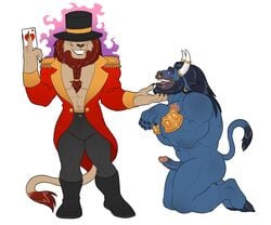 2019 5_fingers abs anthro anthro_on_anthro beard biceps black_hair bodily_fluids boots bottomwear bovid bovine card cattle clothing coat domination drooling duo ear_piercing ear_ring erection facial_hair facial_piercing felid fingers footwear hair hat headgear headwear horn humanoid_penis hypnosis kneeling lion magic magician male male_domination male_only mammal mind_control monawolt muscular muscular_male navel nose_piercing pantherine pants pecs penis piercing ringed_eyes saliva simple_background standing submissive submissive_male top_hat topwear