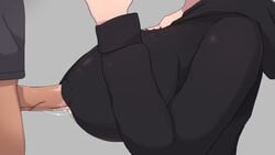 1boy animated animated black_hoodie black_shirt bouncing_breasts breast_squeeze breasts clothed_sex collarbone covered_nipples female grey_background hands_up hood hood_down hoodie kamuo large_breasts long_sleeves original paid_reward paizuri paizuri_under_clothes patreon_reward penis perpendicular_paizuri shiny shiny_clothes shirt simple_background solo_focus straight uncensored veins veiny_penis vel_(kamuo)