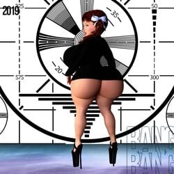 1girls 3d artist_name back_view bangbangrush big_ass big_breasts big_butt bimbo black_dress bubble_butt busty butt_crack curvy dat_ass detailed_background dress ear_piercing earrings eyelashes eyeshadow female female_only high_heels hoop_earrings hourglass_figure human long_hair looking_at_viewer looking_back original_character piercing pose posing red_hair ribbon shortstack sideboob solo spread_legs spreading standing text tied_hair voluptuous wide_hips