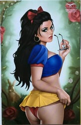 1girls 2018 ass big_breasts black_hair blue_eyes blue_shirt breasts dat_ass ear_stud earrings eyeshadow female female_only from_behind glare glasses glasses_removed grimm_fairy_tales_(comic) hairbow hoop_earrings keith_garvey lipstick long_hair looking_at_viewer looking_back looking_back_at_viewer makeup mascara miniskirt nail_polish panties pinup plant rabbit red_nail_polish red_nails red_panties red_rose red_thong rose round_ass sela_mathers shirt skirt skirt_lift skye_mathers snow_white_(cosplay) solo standing thighs thong yellow_miniskirt yellow_skirt zenescope zenescope_entertainment