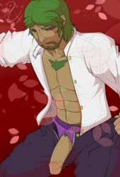 abs boxers_(clothing) chest_hair clothed clothing dark_skin facial_hair green_hair human lash_benaio_(artist) looking_at_viewer male male_only muscular open_shirt penis petals pubic_hair red_eyes sketch_lines solo solo_focus unzipped unzipped_pants
