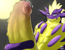 1boy 2019 abs abstract_background amped_toxtricity anthro big_penis bodily_fluids erection eye_contact foreskin genital_fluids half-closed_eyes humanoid_penis looking_at_viewer male male_only nintendo no_nipples penis piercing pokémon_(species) pokemon pokemon_ss precum scalie solo text toxtricity unusualmatias veins video_games watermark