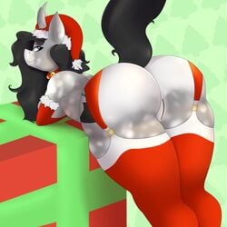 1:1 absurd_res anthro ass big_breasts big_butt blue_eyes booponies breasts clothing collar equid female festive friendship_is_magic hi_res horn inviting legwear looking_back mammal my_little_pony pussy raised_tail side_boob smile stockings thick_thighs unicorn