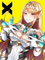 1girls armor bangs blonde_hair blush breasts cleavage_cutout cowlick dress earrings embarrassed female gem gloves hand_on_breast highres hikari_(xenoblade_2) huge_breasts jewelry large_breasts long_hair looking_at_breasts looking_at_viewer mythra nintendo paizuri_invitation smile spread_cleavage swept_bangs tiara white_dress white_gloves xenoblade_(series) xenoblade_chronicles_2 yellow_background yellow_eyes yuuki_shin