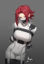 big_breasts blue_eyes bondage breasts code_geass female kallen_stadtfeld red_hair thick_thighs tied tied_hands tied_up white_clothing