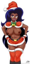 1girls absolute_territory areolae bare_breasts blue_hair breasts brown_eyes christmas_outfit dark-skinned_female dark_skin eyeshadow female female_only gloves hat human john_joseco large_breasts legwear long_hair nipples ok_k.o.!_let's_be_heroes red_gloves santa_hat skirt smile solo standing thighhighs thighs very_long_hair white_background wilhamena