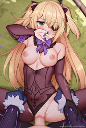 1girls black_gloves black_nails black_ribbon blonde_hair blue_gloves blush bow bowtie breasts censored clothed_sex clothing covered_navel eyebrows_visible_through_hair eyepatch female fischl_(genshin_impact) genshin_impact gloves grass green_eyes hair hair_ribbon long_hair lying male medium_breasts mosaic_censoring nail_polish nipples on_back penetration penis purple_neckwear pussy ribbon sex single_glove solo_focus spread_legs sweat torn_clothes torn_legwear two_side_up vaginal_penetration zen33n zen_o_(zen33n)